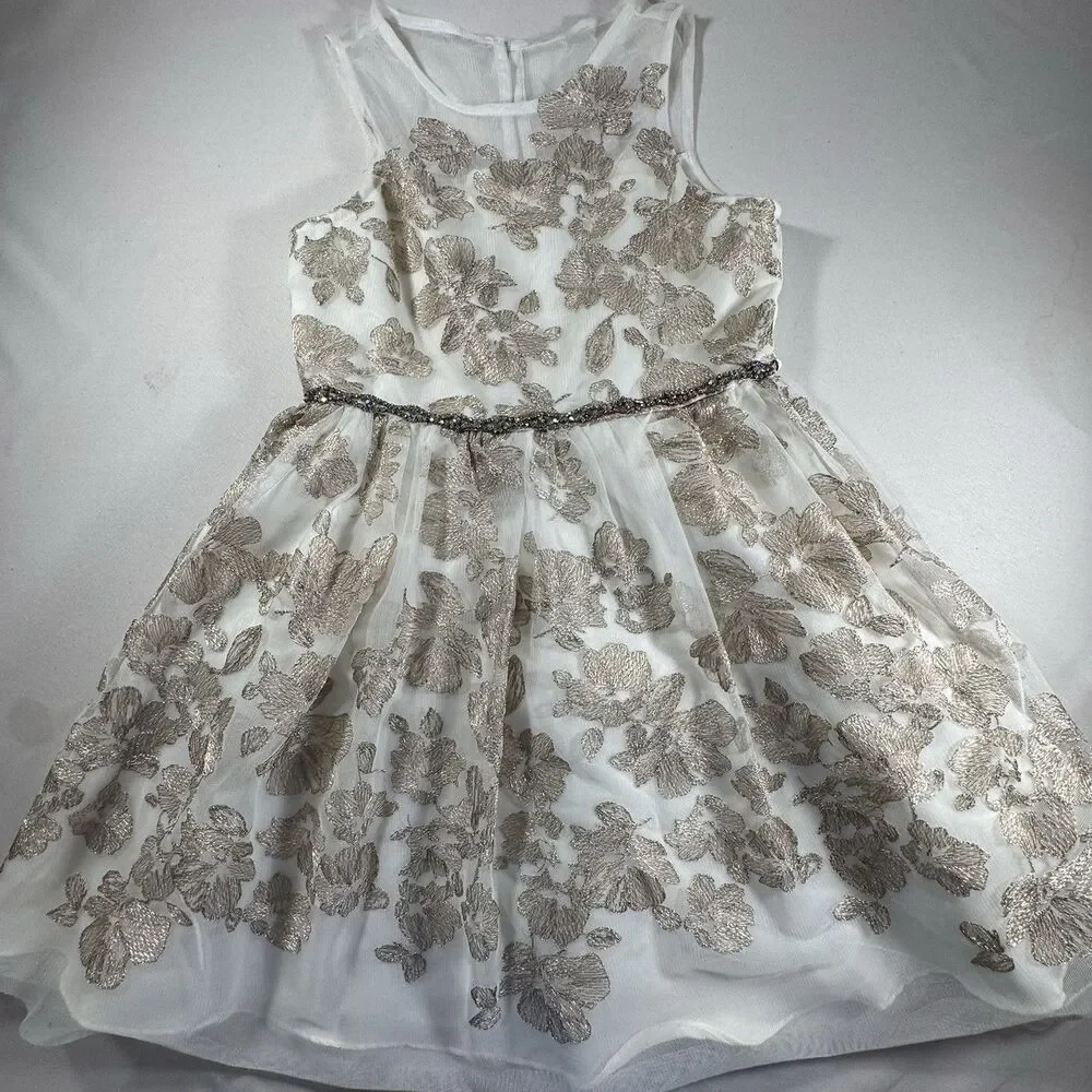 Rare Editions Girls Size 7 Ivory Gold Floral Dress Wedding Party Holiday Pageant